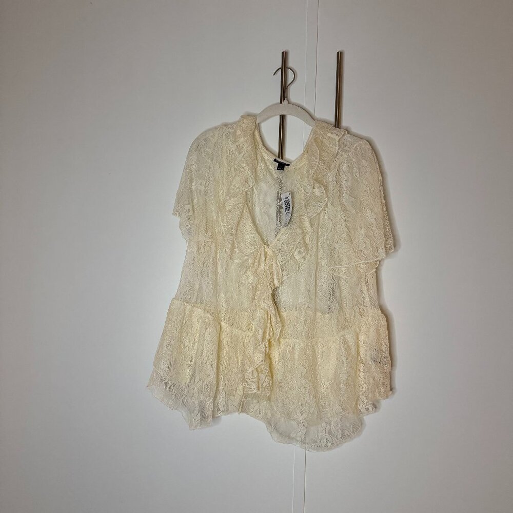Torrid Lace Ruffle V Neck Blouse in Birch